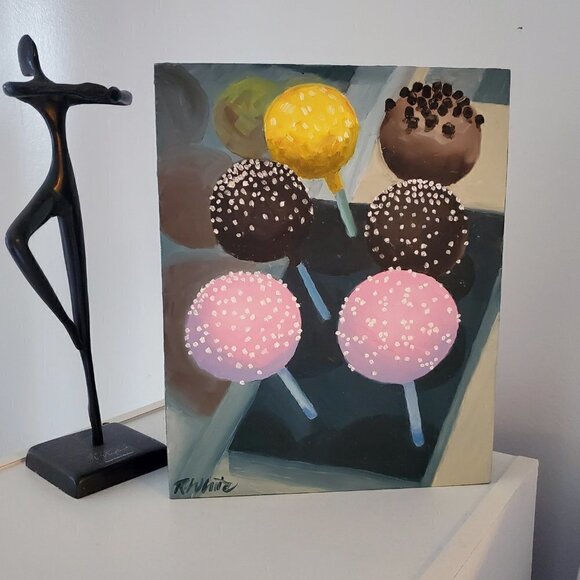 “Cake Pops“ Original oil painting on Cradled Wood Panel 8"w x 10"h x 2"d - Picture 7 of 8